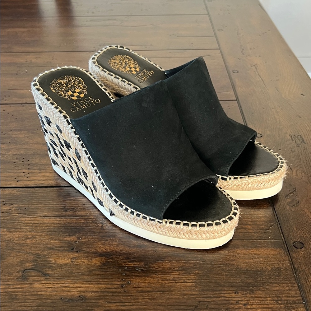 Vince Camuto Black and Tan Wedge Mules